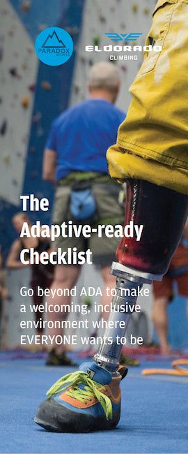 Cover of "The Adaptive-ready Checklist" pamphlet showing a below-the-knee prosthetic with a climbing foot attachment in a climbing gym.